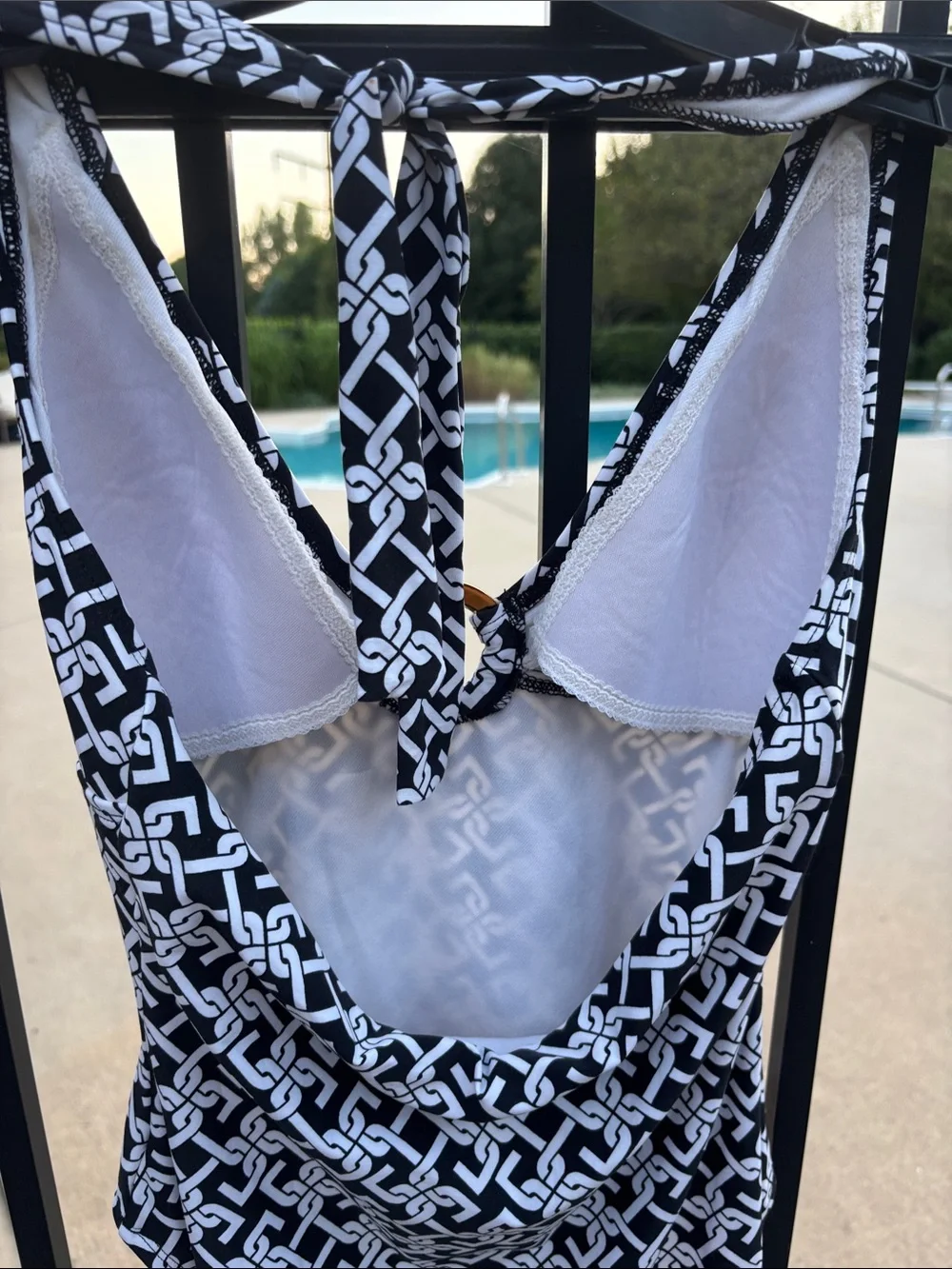 Chain  Black & White Chain-Print One-Piece Swimsuit Gold Ring at Bust